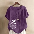 thumbnail image 2 of Pisexur Hauts pour Femmes Décontractés en Lin Col Rond Grande Taille Imprimé Manches Courtes T-shirt Blouse, Hauts d'Été pour Femmes Violet, TG, 2 of 5