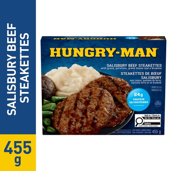 Hungry-Man Salisbury Beef Steakettes Frozen Entrée, With Gravy, Potatoes, Green Beans and a Brownie, 24g of Protein, 455 g