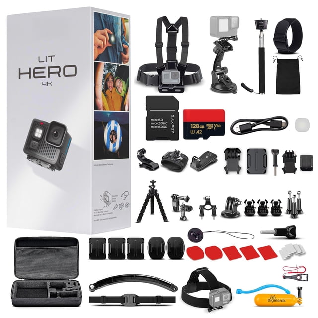 GoPro LIT HERO 4K Ultra HD Compact Action Camera (LITHERO) | Integrated LED Illumination | Advanced HyperSmooth Video Stabilization with 50-Piece Diginerds Accessory Kit and 128GB Card