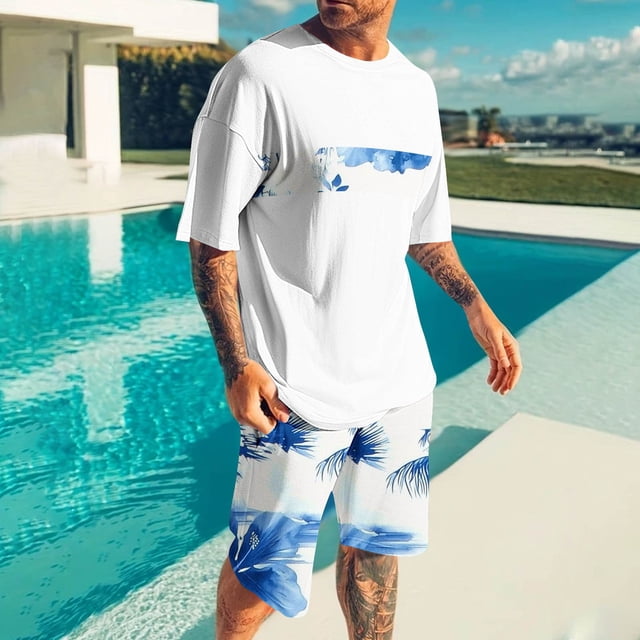 Weiqiqre Ensemble Décontracté 2 Pcs pour Homme, T-Shirt à Manches Courtes Graphique et Short de Survêtement à Taille à Cordon