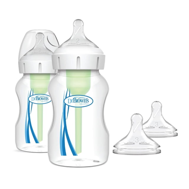 Dr. Brown's Natural Flow Anti-Colic Options+ Wide-Neck Baby Bottle 11 oz/330 ml, 2 pack includes two clear bottles with white wide-neck caps, green internal vent tubes, and silicone nipples, plus two extra nipples, designed to reduce colic and preserve milk nutrients for comfortable feeding and digestion.