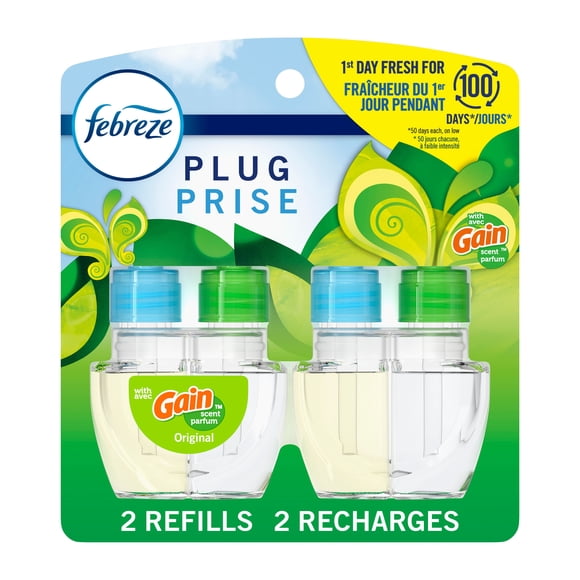Febreze Assainisseur d'Air à Brancher, Recharge d'Huile Parfumée Anti-Odeurs, Parfum Gain, 2 Recharges