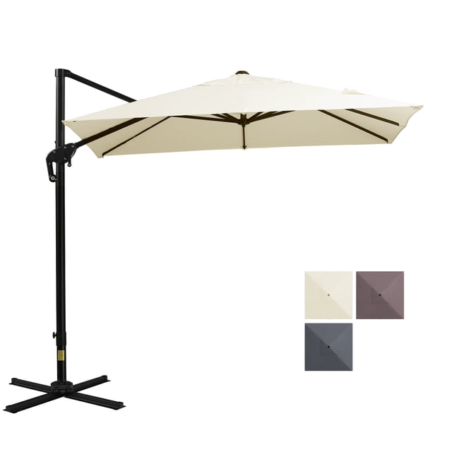 Outsunny Parasol Suspendu Déporté Carré pour Patio avec Base en Croix en Blanc Crème. Ce Parasol de Patio Présente une Auvent en polyester Résistant aux UV de 8 Pieds x 8 Pieds Soutenu par un Poteau en Aluminium Enduit de Poudre et Huit Baleines en Acier. Comprend une rotation à 360 Degrés et Cinq positions d'Angle Réglables pour une Couverture d'Ombre Polyvalente. Base en Croix Incluse; Poids Supplémentaires Requis.