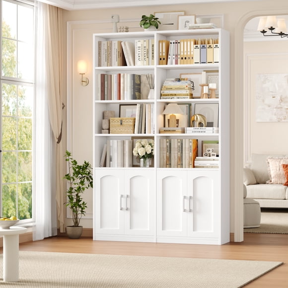 Homfa Bibliothèque de 185 cm de Haut avec Portes, Étagère Double à 6 Niveaux et 8 Cubes, Blanche, Idéale pour le Salon Ou le Bureau à Domicile.