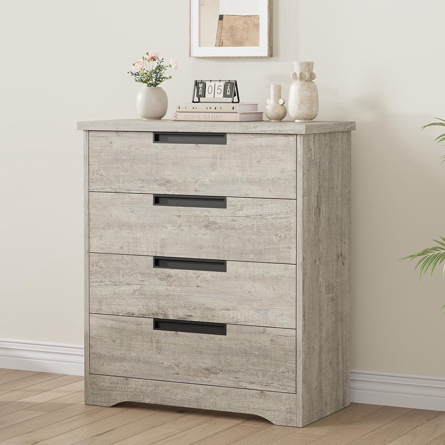 4 Drawer Dresser for Bedroom, Grey Chest of Drawers with Embedded Handles Design, Wooden Dresser Organizer for Living Room, Nursery, Hallway and Entryway