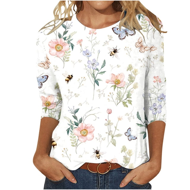 Pompotops T-shirt Ample Imprimé pour Femme, Blouse Mi-Longue à Manches 3/4, Col Rond, Hauts Décontractés, Liquidation
