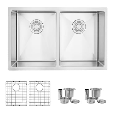 Stylish Dual Mount 28" Stainless Steel Double Bowl Kitchen Sink with Grids & Strainers S-300TG