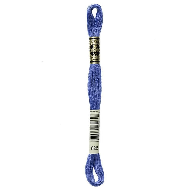 DMC Blue Cotton 6 Strand Floss 8m showing a skein of blue embroidery thread made from 100% long staple Egyptian cotton with a double mercerized sheen, wrapped with black and gold labels indicating size 25 and color 826, suitable for cross-stitch, needlepoint, and scrapbooking.