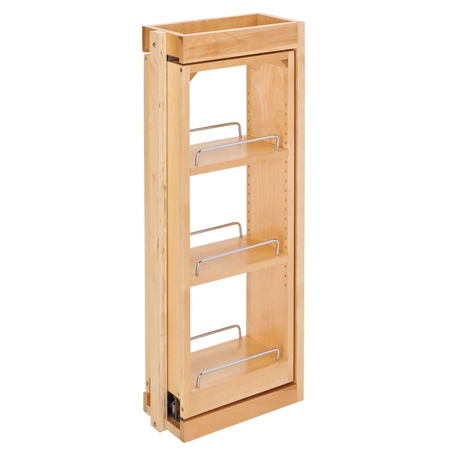 Rev-A-Shelf Pull Out Wall Filler with Soft-Close, 30-inch height, model 432-WFBBSC30-6C. Made of natural maple wood with a clear coat finish, featuring three adjustable shelves with chrome rails and a fixed middle shelf. Designed for a 6-inch wide by 30-inch high opening, this pullout organizer includes a 3-piece zinc-plated full-extension ball-bearing slide system for smooth operation. Ideal for maximizing storage space in new kitchen construction or remodels.