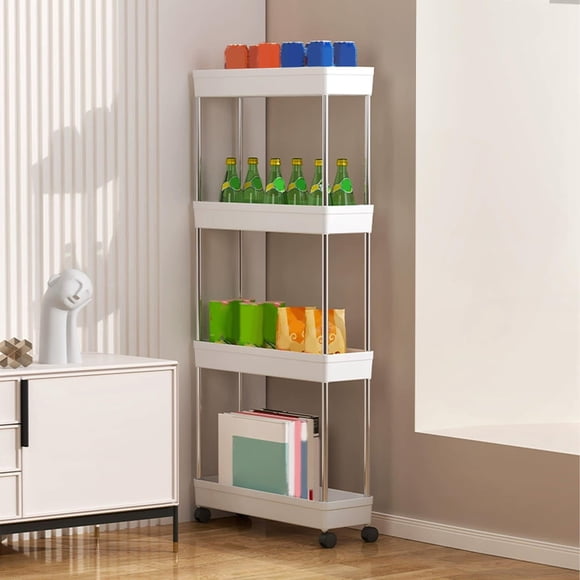 4 Tier Kitchen Shelving with Wheels Unit, Narrow Space Storage Rack Multi Tier Living Room and Bathroom Organizer