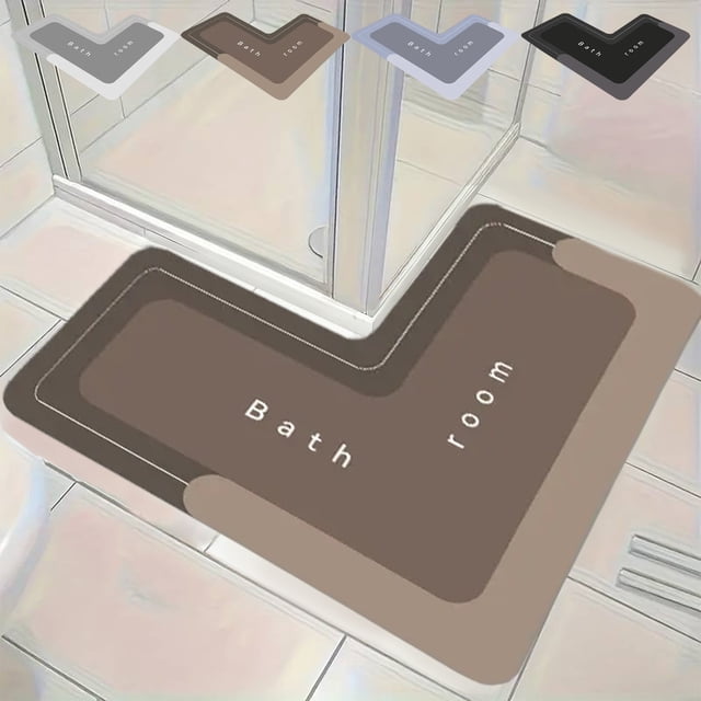 Bathroom Rug under $5! Yannianjz L-Shaped Bath Mat, Corner Absorbent Bathroom Rug, Non-Slip Kitchen Floor Mat, Memory Foam Carpet for Tub Shower, 80x80cm Grey Blue Brown
