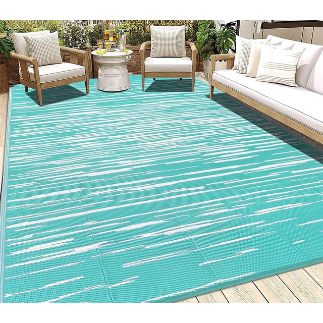 Findosom 6'x9' Waterproof Stripe Outdoor Rug, Foldable Reversible Plastic Straw Rug, Large Patio Rug for Outdoors, RV, Patio, Backyard, Deck, Picnic, Beach, Camping Blue