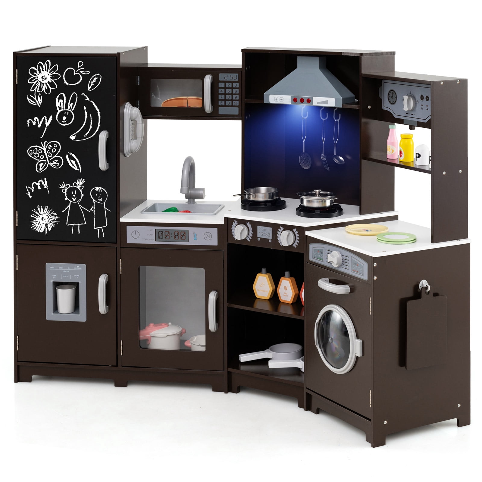 Patiojoy Corner Wooden Play Kitchen with Lights & Sounds Large Pretend Play Kitchen Set Espresso