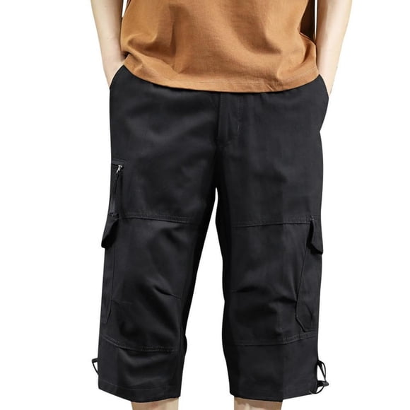 ohmzyzo Men's Lightweight 3/4 Long Cargo Shorts Summer Cotton Elastic Waist Work Shorts Multi-Pockets Capri Pants