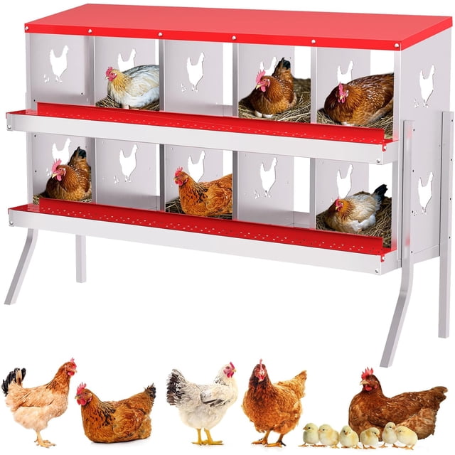 Chicken Nesting Box, 10 Compartment Metal Chicken Nesting Boxes for Chicken Coop, Easy Egg Collection, Easy Cleaning, Chicken Laying Boxes with Bracket Legs for Hens, Red