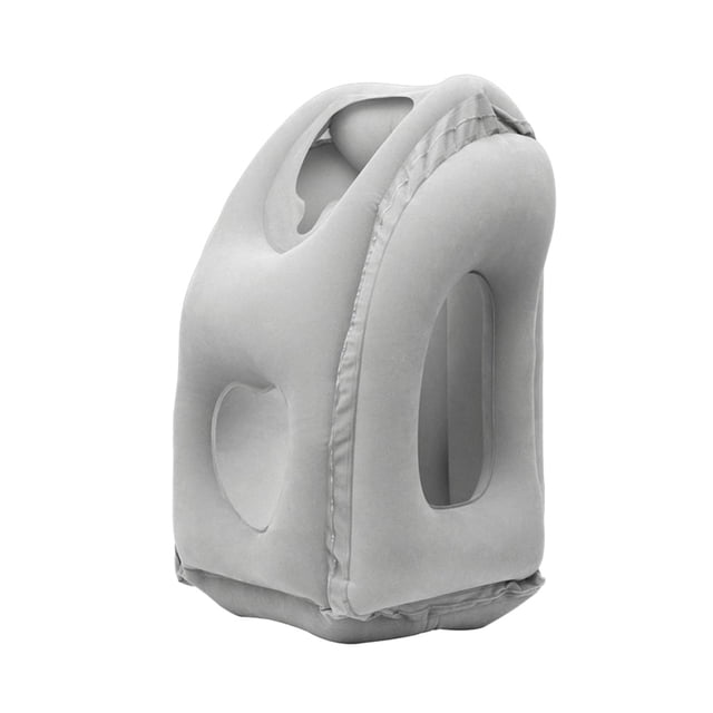 Inflatable Travel Pillow for Airplane inflatable Neck Air Pillow in grey, designed for ergonomic support and comfort during travel. Features a unique large air valve for easy inflation and deflation, and a soft surface for resting the face. Ideal for maintaining proper posture and relieving cervical spine pressure.