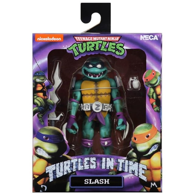 Teenage Mutant Ninja Turtles 7 Inch Action Figure Turtles In Time - Slash by NECA, featuring a pixelated design inspired by the 1990s Turtles in Time video game. The figure includes a sword accessory and comes in retro window box packaging with arcade cabinet graphics.