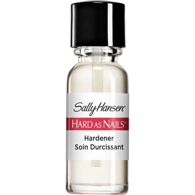 Sally Hansen Hard as Nails - Durcisseur d'Ongles transparent dans une Bouteille en Verre Transparente avec Bouchon Noir et Étiquette Blanche avec Texte Rouge et Noir, Conçu pour Renforcer les Ongles en Prévenant l'Écaillement, la Fissure et le Fissuration pour une protection Durable.