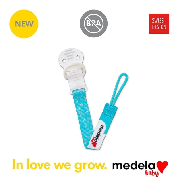 Medela Baby Pacifier Holder in turquoise with white BPA-free plastic clip and fabric strap featuring small white and yellow shapes and Medela Baby logo, designed for easy one-hand use as a pacifier clip and baby feeding accessory.