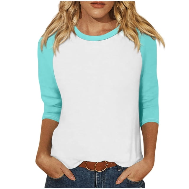 Timegard Womens Tops Plus Size Crewneck 3/4 Sleeve Color Block Comfy Tshirts Fall Casual Loose Tops