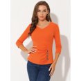 thumbnail image 3 of INSPIRE CHIC Women's V Neck 3/4 Sleeves Solid Knitted Buttons Decor Ruched Top Large Orange, 3 of 5