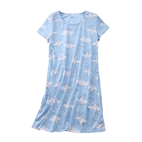 Lcziwo Women's Cotton Nightgown Short Sleeve Printed Sleep Shirt Soft Comfy Cute Summer Sleepwear Blue,M