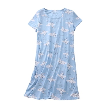 Lcziwo Chemise de Nuit Décontractée en Coton pour Femmes à Manches Courtes, Imprimé, Vêtement de Nuit Doux et Confortable, Tenue d'Intérieur d'Été, Bleu, G