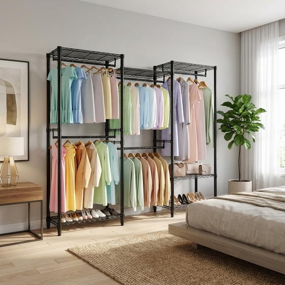 QinaQin Heavy-Duty Metal Clothes Rack - Freestanding Wardrobe Storage System - Adjustable Shelves and Hanging Rods - Large Storage Capacity, Suitable for Bedrooms and Laundry Rooms