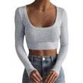 thumbnail image 1 of Faithtur Femmes Chemise Courte Manches Longues Profond Rond Couleur Unie Crop Tops Street Casual Party Street Spring Tops, 1 of 4