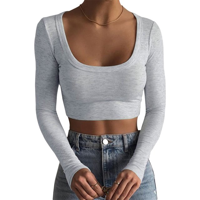Faithtur Femmes Chemise Courte Manches Longues Profond Rond Couleur Unie Crop Tops Street Casual Party Street Spring Tops