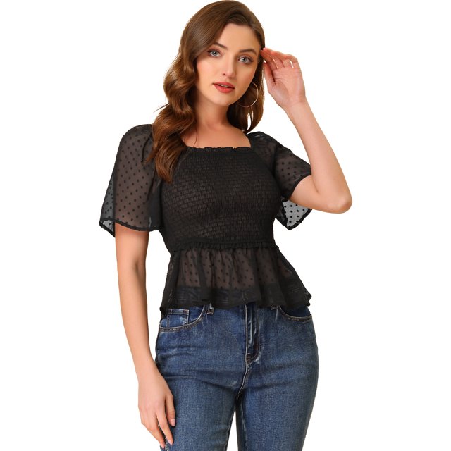 INSPIRE CHIC Blouse Courte à Manches Courtes Évasées à Encolure Carrée, à Volants, à Basque, Smockée pour Femme