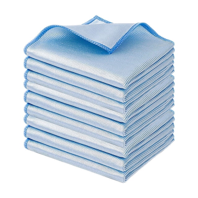 Glass Cleaning Cloth Mirror Cleaning Cloth Thickened Multifunctional Household Glass Screen Water Stain Remover Cloth 9 Pack Kitchen Cleaning Cloths. A stack of nine blue fiber cleaning cloths, each measuring 30x30cm, with evenly stitched edges for durability. Ideal for household cleaning supplies, including glass, mirror, and kitchen cleaning tasks, offering high absorbency and effective water stain removal.