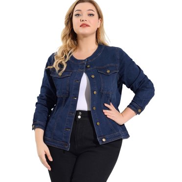 GRACE & GRANDEUR Women's Plus Jean Jacket Long Sleeves Collarless Denim Jacket