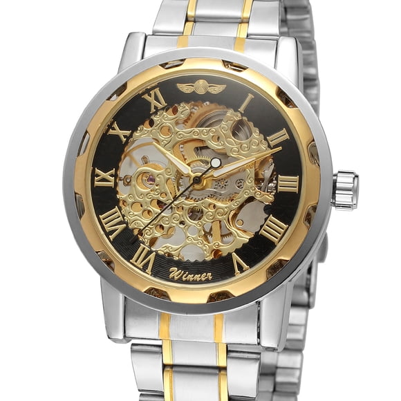 WINNER Elegant Winner Men's Skeleton Mechanical Watch with Roman Numerals, Stainless Steel Band, and Night Light Feature, Perfect for Business or Casual Wear, Includes Original Box.
