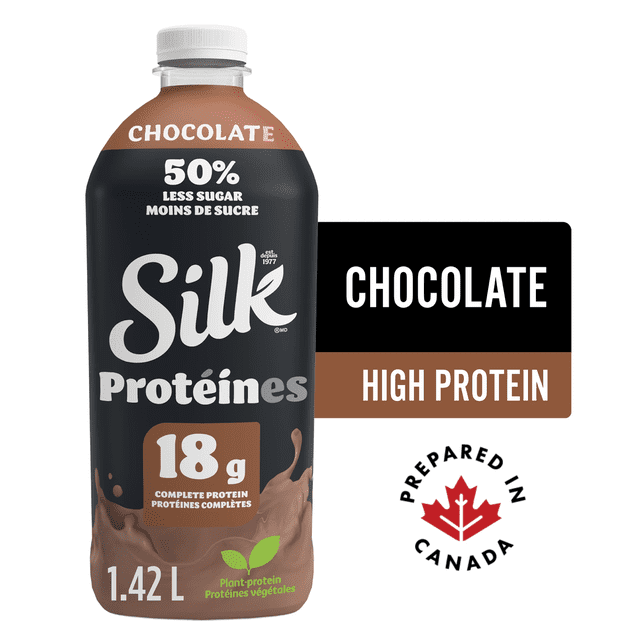Silk Protéine 18 g, Sans Lactose, Saveur Chocolat, 1,42 L Boisson à base de Soja et d'Origine Végétale à Saveur de Chocolat, 18 g de Protéines par Portion de 250 ml, Sans Lactose, Faite avec du Sucre de Canne, Préparée au Canada; Contient 10 Nutriments Essentiels et une source d'Oméga-3, Souvent Utilisée comme base de smoothie.