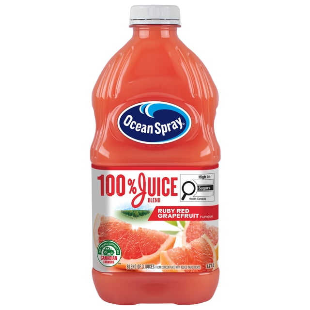 Ocean Spray 100% Juice Blend Ruby Red Grapefruit 1.77L. Sweet, Invigorating Grapefruit Made with 100% Fruit Juice and No Added Sugars. Contains No allergens.