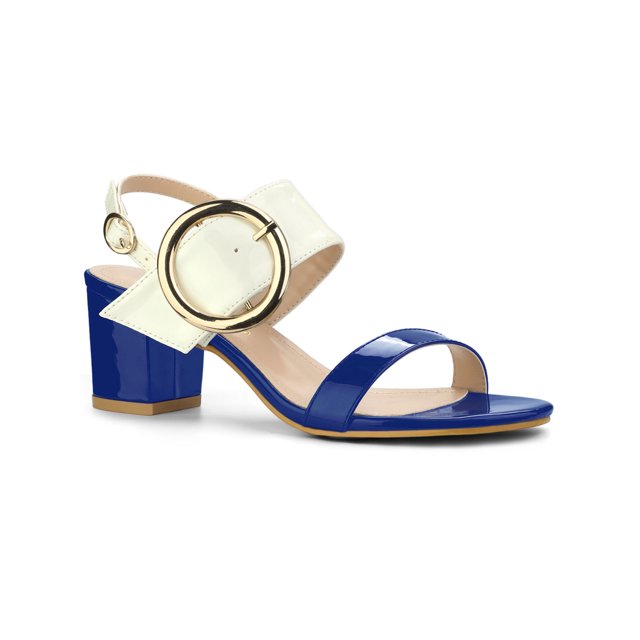 BLISSFUL STEP Slingback Contrast Color Chunky Heel Big Circle Buckle Heeled Sandals Blue White 7