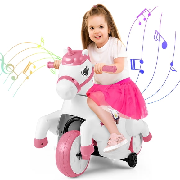 Gymax 12V Kids Ride on Unicorn Toy w/ Training Wheels Music One-button Start Horse Toy Pink