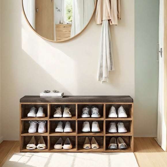 Shoe Bench, Storage Bench, Shoe Rack Bench, 12 Compartments, Rustic Brown and Brown