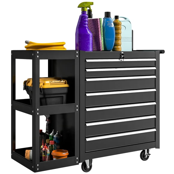 HOMCOM 7-Drawer Tool Chest with Side Shelf, Lockable Tool Box, Black