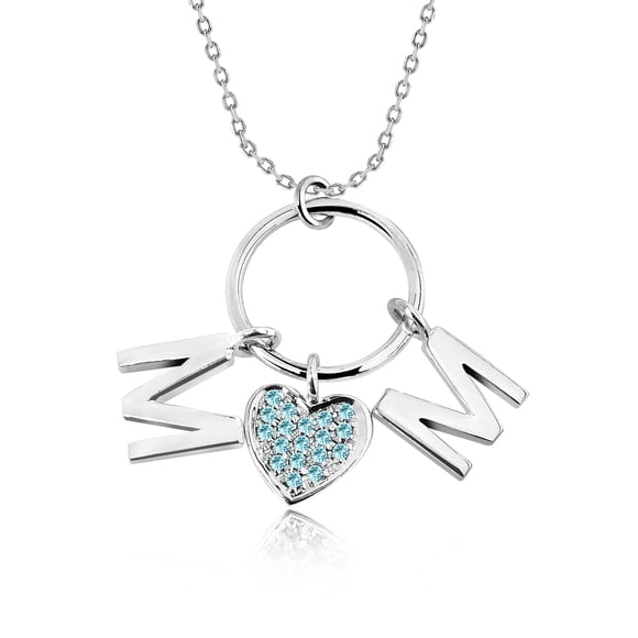 JeenMata Circle Pendant with MOM Charms Pendant Necklace - December Blue Topaz Birthstone - Light Blue Stone Embellished in 18K White Gold Plating for Women