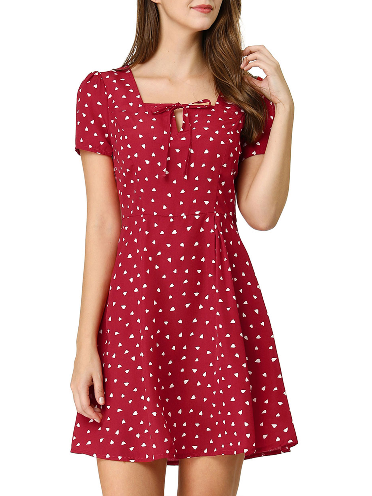 INSPIRE CHIC Women's Printed Square Neck Short Sleeve A-Line Prom Dress XL Red-Heart
