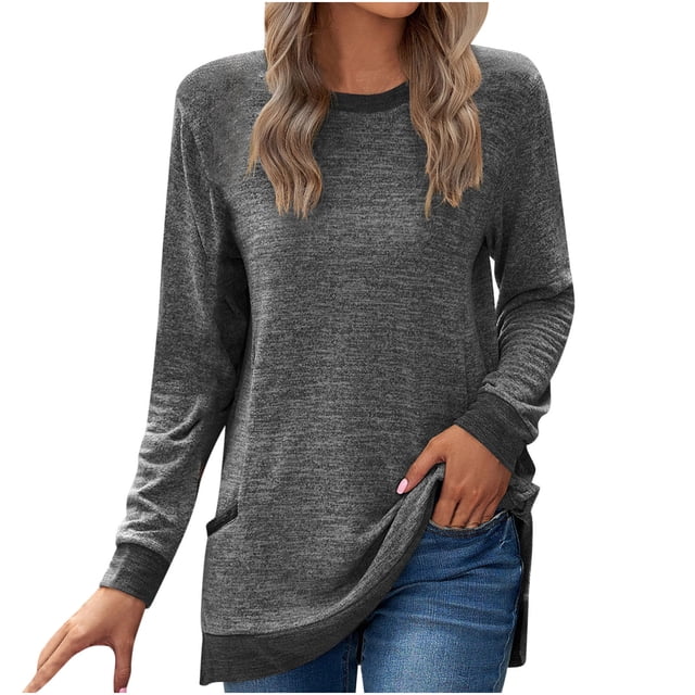 Pisexur Chandails en Molleton à Manches Longues pour Femmes Col Rond Décontracté T-Shirts Blouses Chandails en Molleton Tuniques avec Poche
