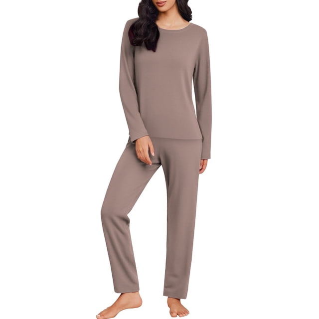 Ensemble de Pyjama pour Femmes Col Rond Manches Longues Grande Taille Ensemble de Maison pour Femmes Design Fin Couleur Unie Pantalon Manches Longues Ensemble Deux Pièces Pyjama Femme