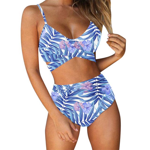 Femmes Croisent la Taille Haute String Imprimé Floral 2 Pièces Maillot de Bain