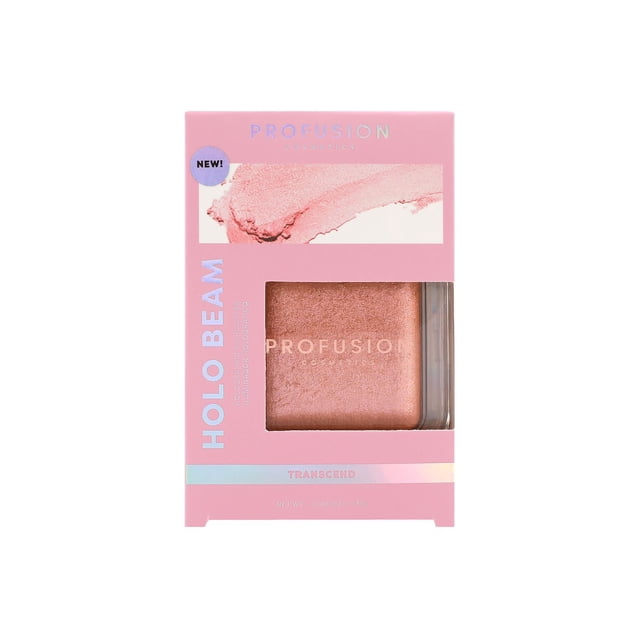 PROFUSION COSMETICS | HOLO BEAM highlighter in Transcend shade, shown in pink recyclable packaging with a clear window revealing the peachy pink baked pressed powder with rose gold shift, featuring holographic branding and a powder swatch on top, ideal for lightweight, buildable glow.