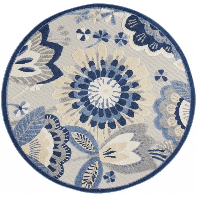 homeroots home decor 385108 5’ Round Blue and Gray Indoor Outdoor Area Rug