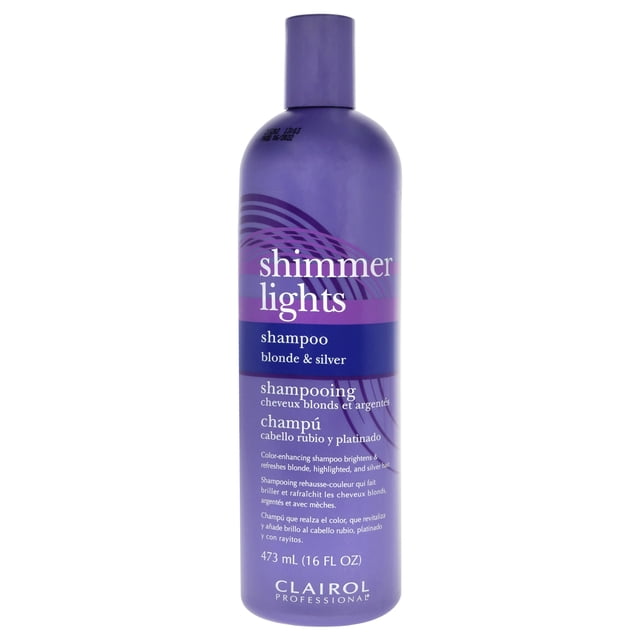 CLRSMRLGTSHMGR/PRPL Shimmer Lights shampoo in a purple 473 mL bottle by Clairol Professional, a color-enhancing shampoo for blonde and silver hair that tones brassiness and refreshes hair color, often used to maintain highlighted or silver hair tones.