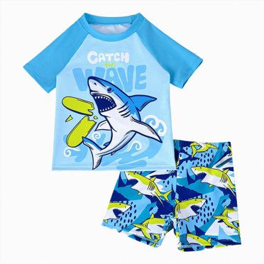 Gubotare Boys Swim Trunks with Shirt Boys 3-Pieces Swimsuit Sets Shark Bathing Suit Rash Guards Sunsuit Swimwear with Hat UPF 50+ Size 6-7 Years (Blue,6-7 Years)