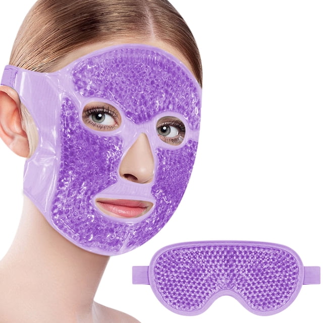 FcBaudy Ice Pack Cold Face Eye and Masks, reusable cold and hot gel masks in lavender, designed to reduce puffiness, dark circles, and stress. The set includes a full-face mask with adjustable straps and a separate eye mask, both filled with polymer gel for temperature retention and comfort. The face mask is modeled to show its fit, while the eye mask is displayed separately, emphasizing its textured gel surface. Suitable for facial spa treatments, sleeping, and relaxation.